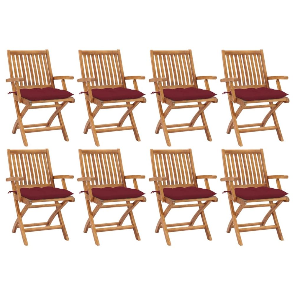 Chaises pliantes avec coussins, 8 pièces, en teck massif