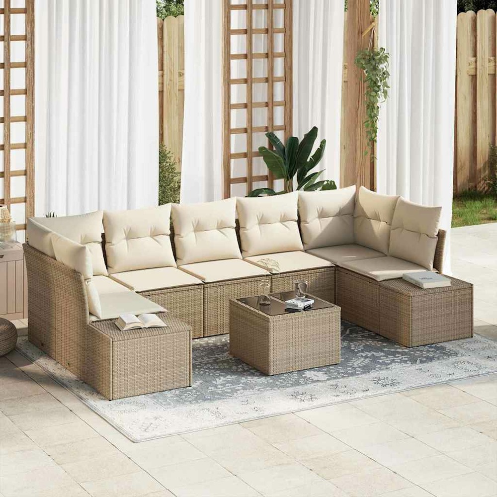 Ensemble de canapé de jardin avec coussin 8 pcs beige polyrotin
