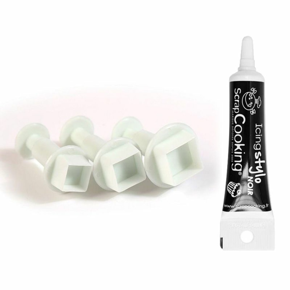 3 emporte-pièces à poussoir en plastique carré + stylo de glaçage noir