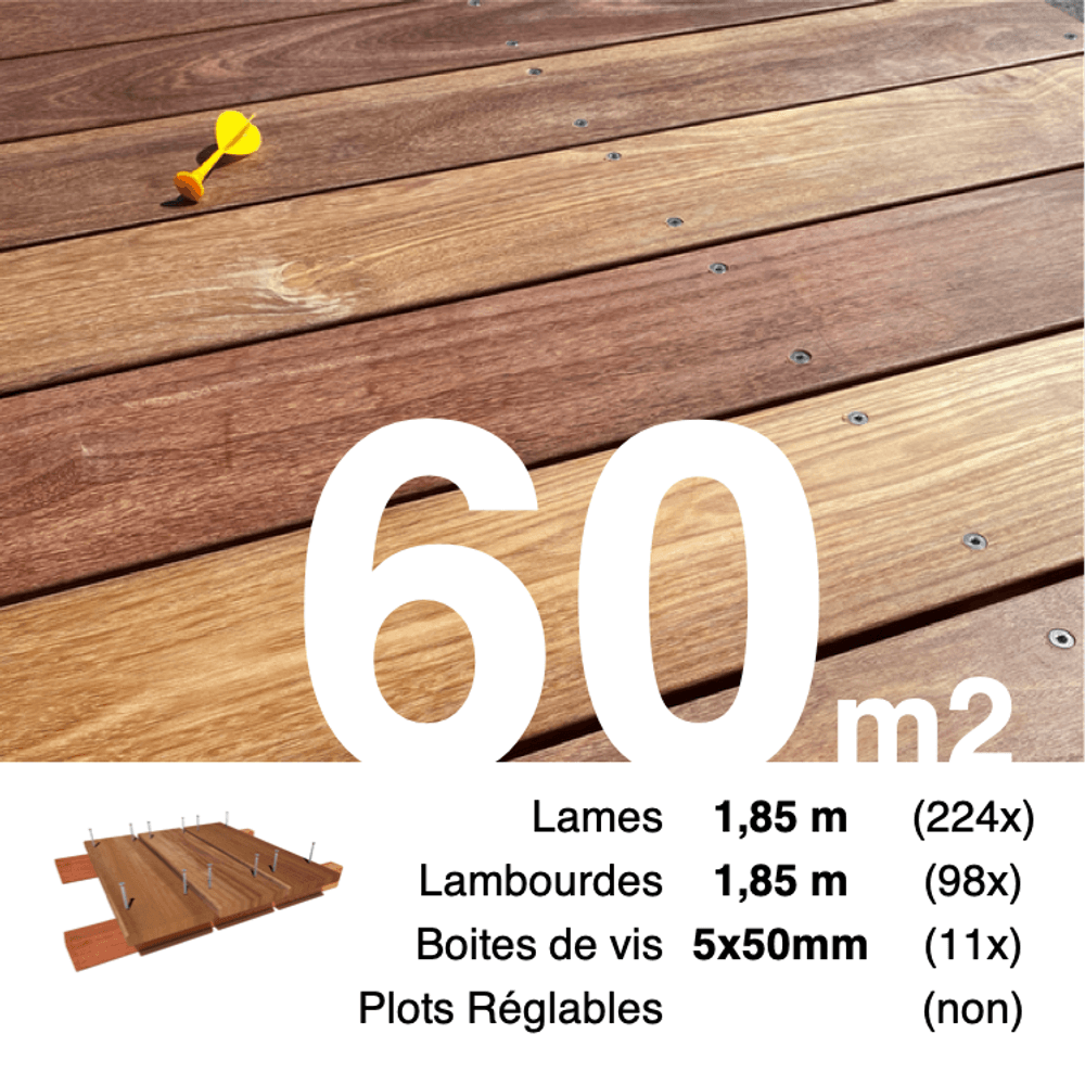 Kit terrasse bois exotique cumaru pour 60 m², lames 1,85 m, lambourdes 1,85 m et visserie inox.
