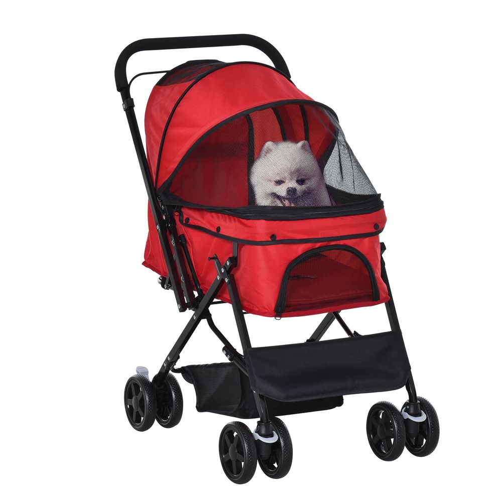 Poussette pour chien chat acier oxford transport pliable guidon réversible 76cm rouge
