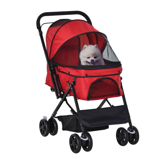Poussette pour chien chat acier oxford transport pliable guidon réversible 76cm rouge