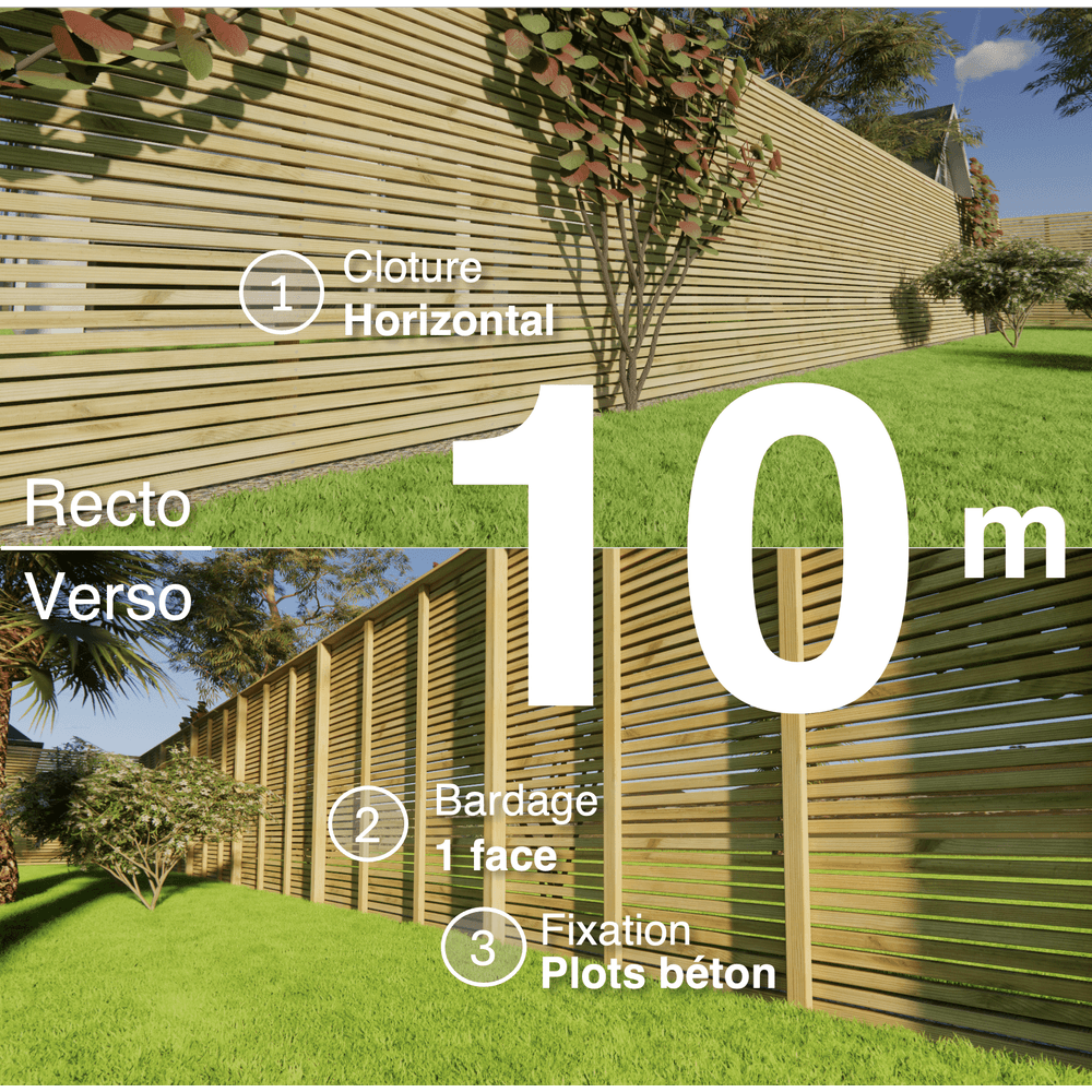 Kit clôture bois moderne 10m – h 2,3m – 45 x 45 mm autoclave – pose horizontal – simple face – à sceller