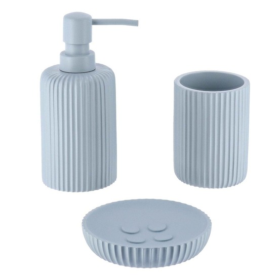 Set gobelet distributeur a savon et porte savon polyresine striee - bleu clair