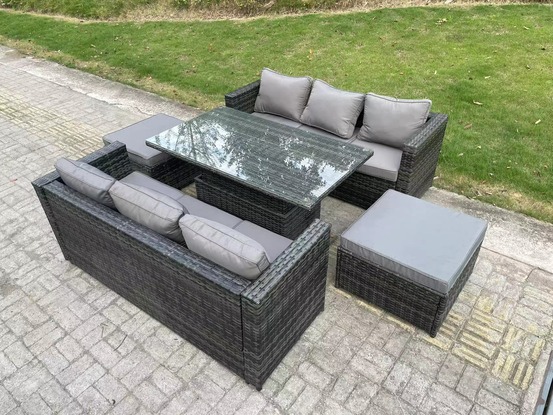 8 places wicker pe rotin canapé salon de jardin ensemble de table à manger réglable en plein air avec 2 grands tabourets de pied