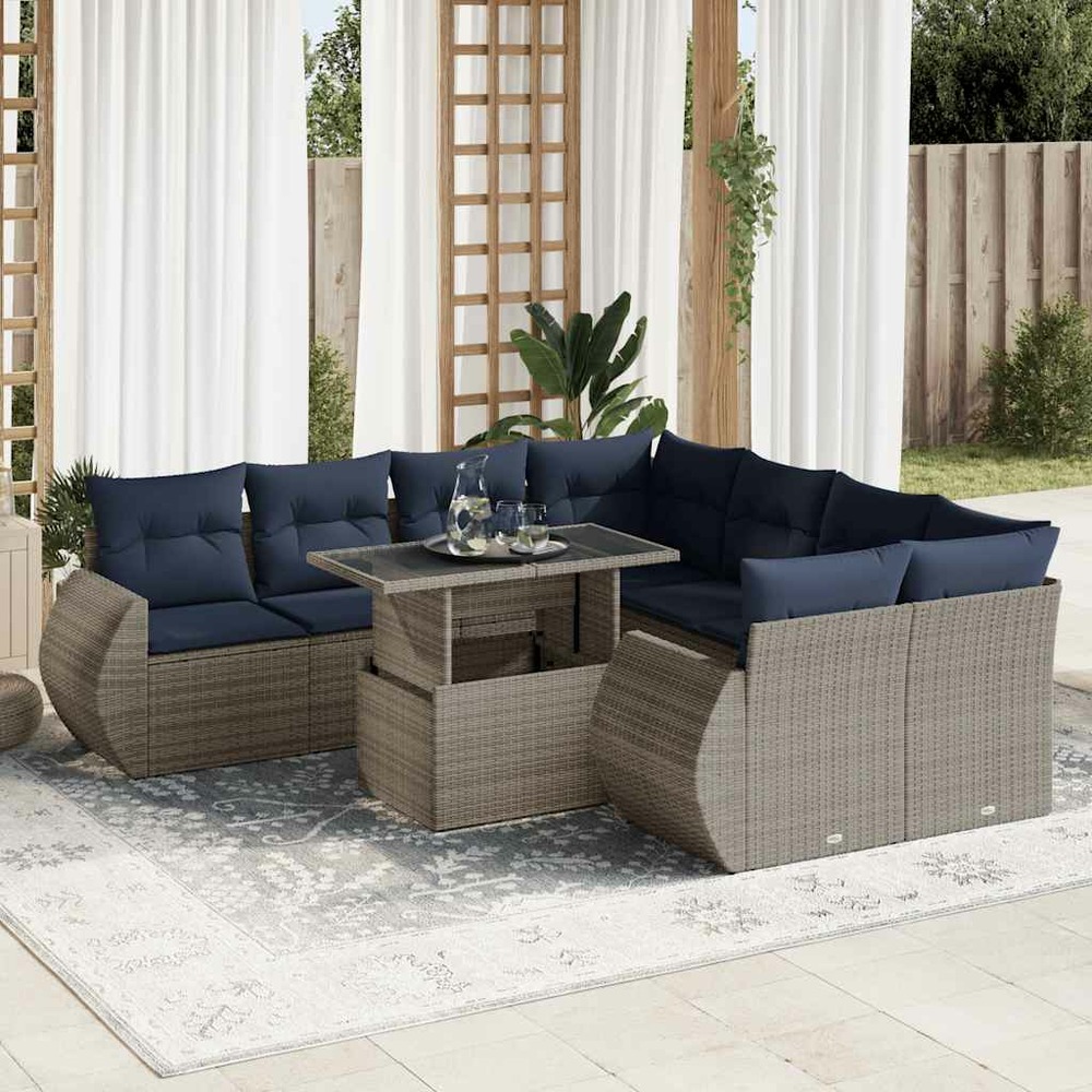 Salon de jardin avec coussins 9 pcs gris résine tressée acacia