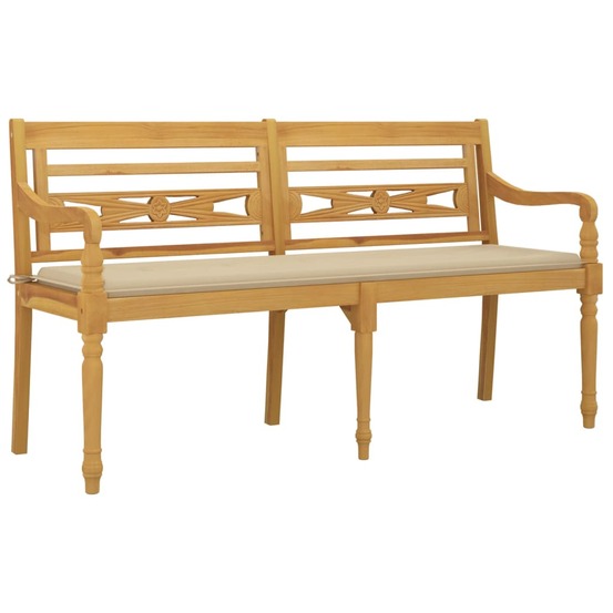 Banc de jardin meuble de patio d'extérieur terrasse avec coussin beige 150 x 50 x 3 cm bois de teck massif
