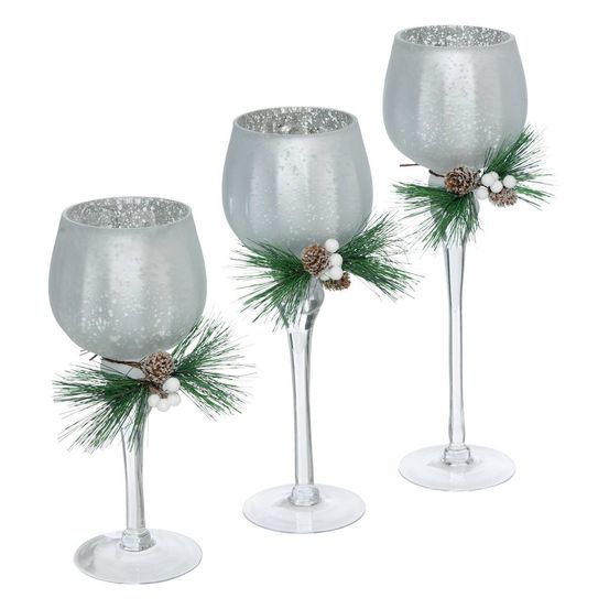 Lot de 3 photophore verre à pied h.30cm argent