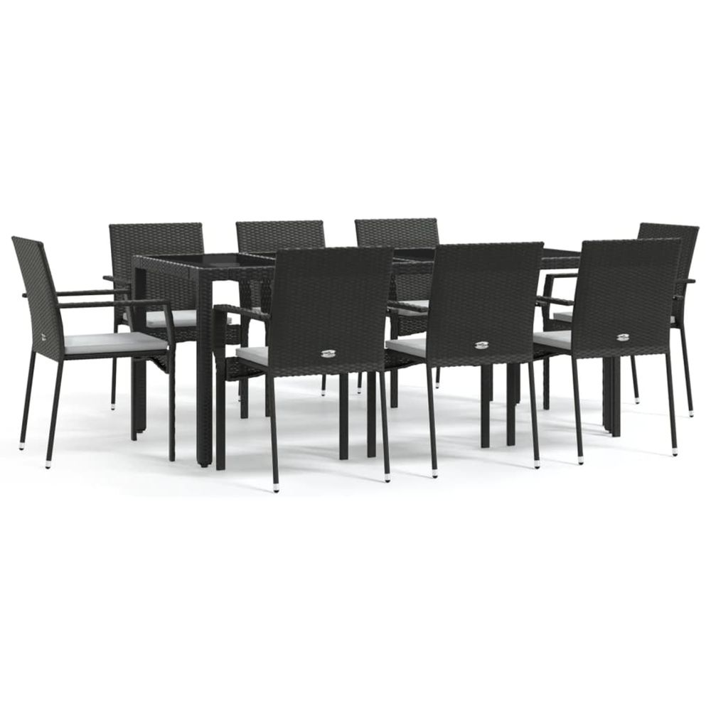 Ensemble à manger jardin 9pcs et coussins noir résine tressée