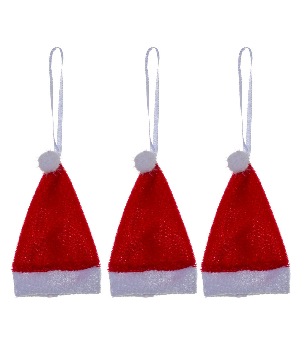 Déco de sapin lot de 3 bonnets de père noël en tissu rouge et blanc