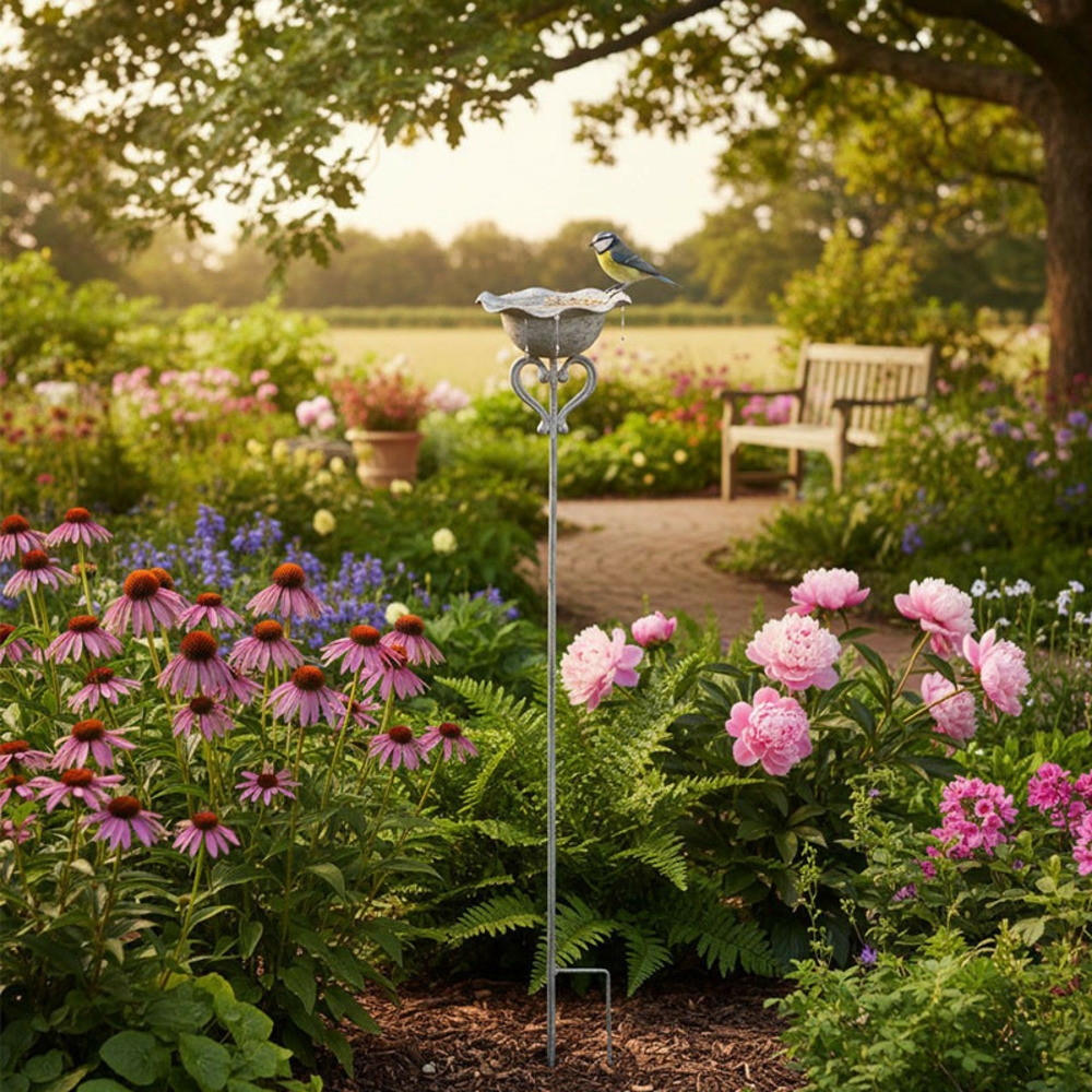 Mangeoire sur tige coeur en métal gris patiné 21x110cm