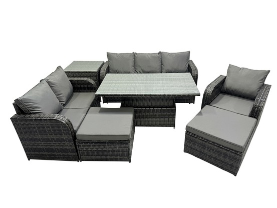 Ensemble repas de jardin exterieur table à manger réglable en hauteur avec tables d'appoint 2 grand tabourets