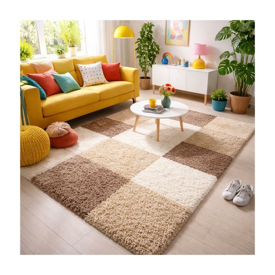 Tapis poils longs shaggy 120x170 rectangle tissé beige et marron motif damier