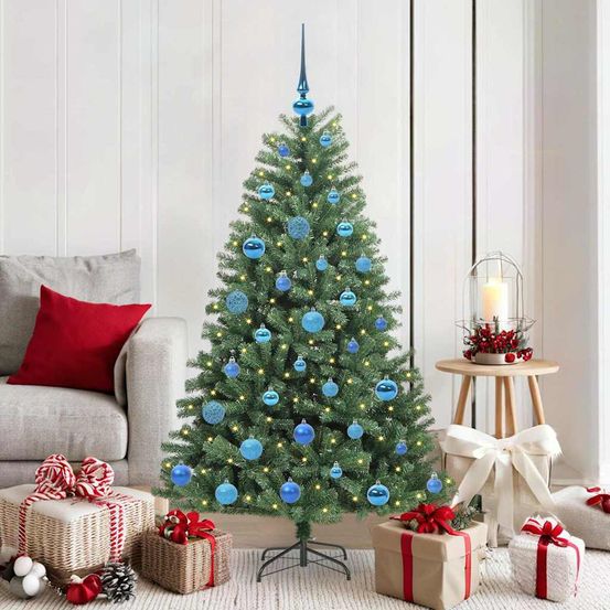 Kit de noël complet : sapin 150 cm avec guirlande led, 61 boules et cimier, pied en métal