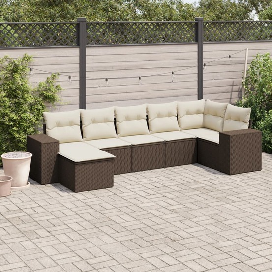 Salon de jardin avec coussins 7 pcs marron résine tressée