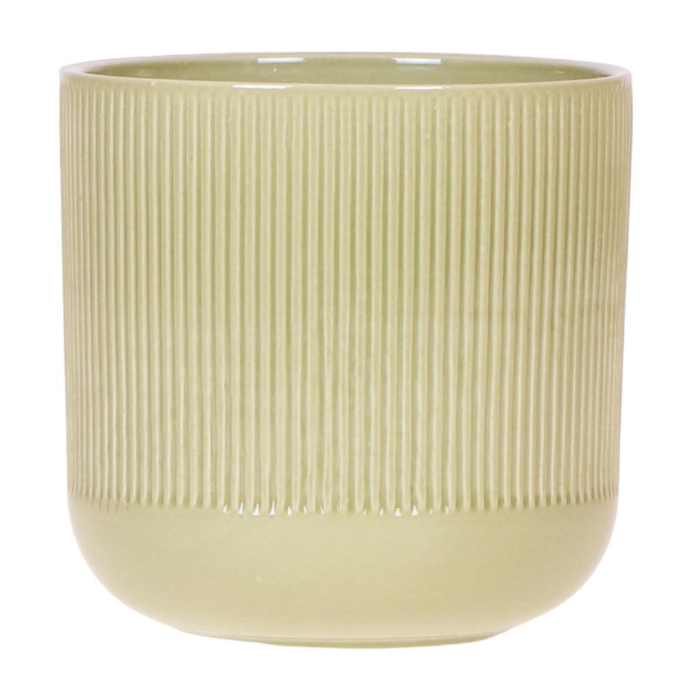 Cache-pot céramique nervuré - relief graphique contemporain - pot de 12cm - vert