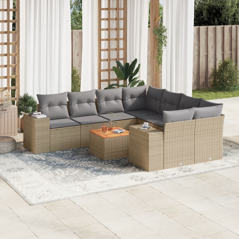 Salon de jardin avec coussins 9 pcs beige résine tressée