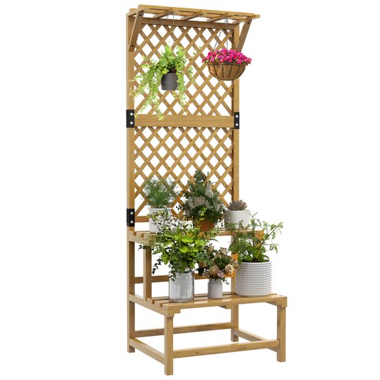 Jardinière étagère avec treillis en bois pour plantes grimpantes 2 niveaux 60x50x166 cm naturel