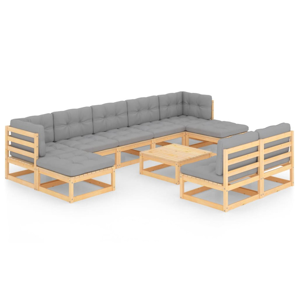 Salon de jardin 10 pcs avec coussins bois de pin massif