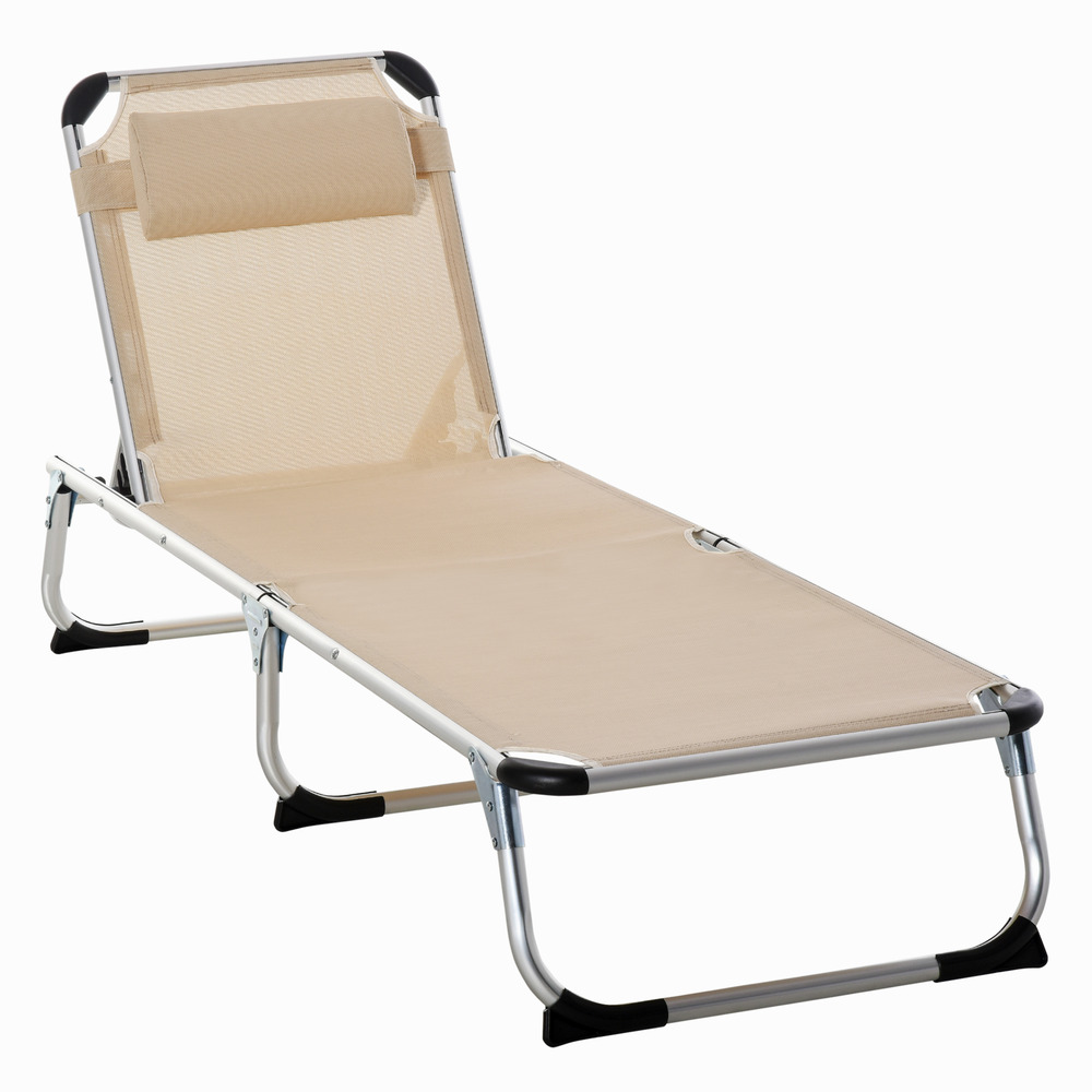 Transat détente aluminium ergonomique 4 positions, oreiller confort 120kg beige