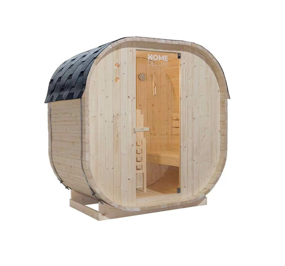 Home deluxe - sauna extérieur cube m - dimensions : environ 194 cm x 195 cm x 120 cm, bois : épicéa - poêle et accessoires de sauna