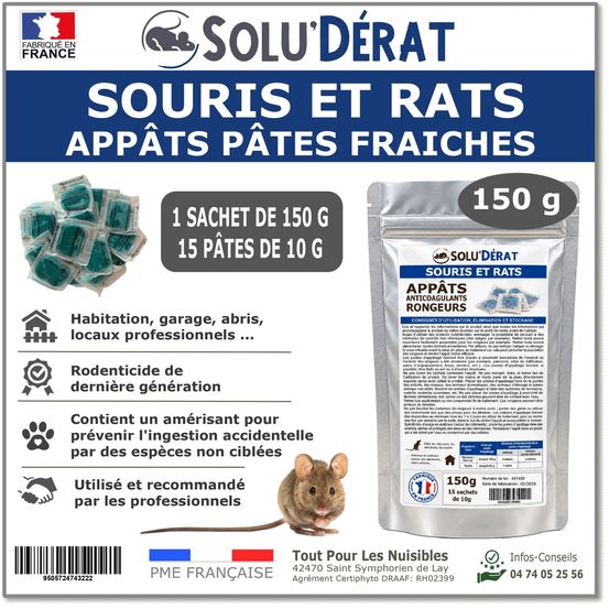 Solu'derat appâts pâtes fraîches rats & souris - sachet 150 g / 15 pâtes - rodenticide au diféthialone 0,0025 %
