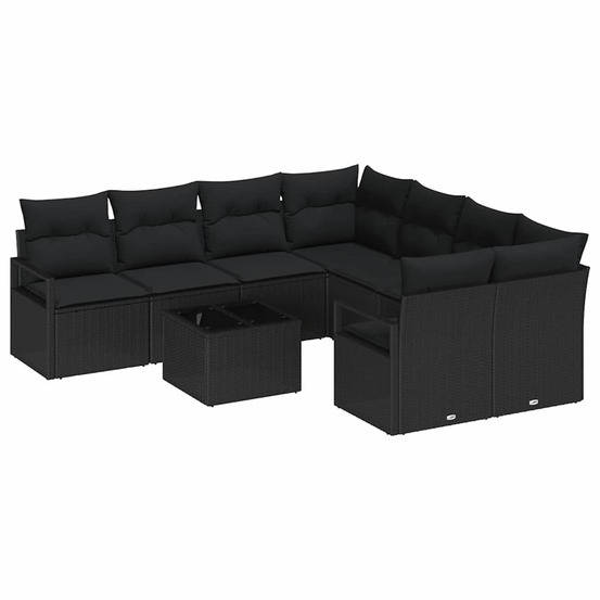 Ensemble de canapés avec coussin 9 pcs noir polyrotin
