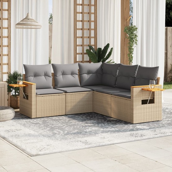 Salon de jardin avec coussins 5 pcs beige résine tressée