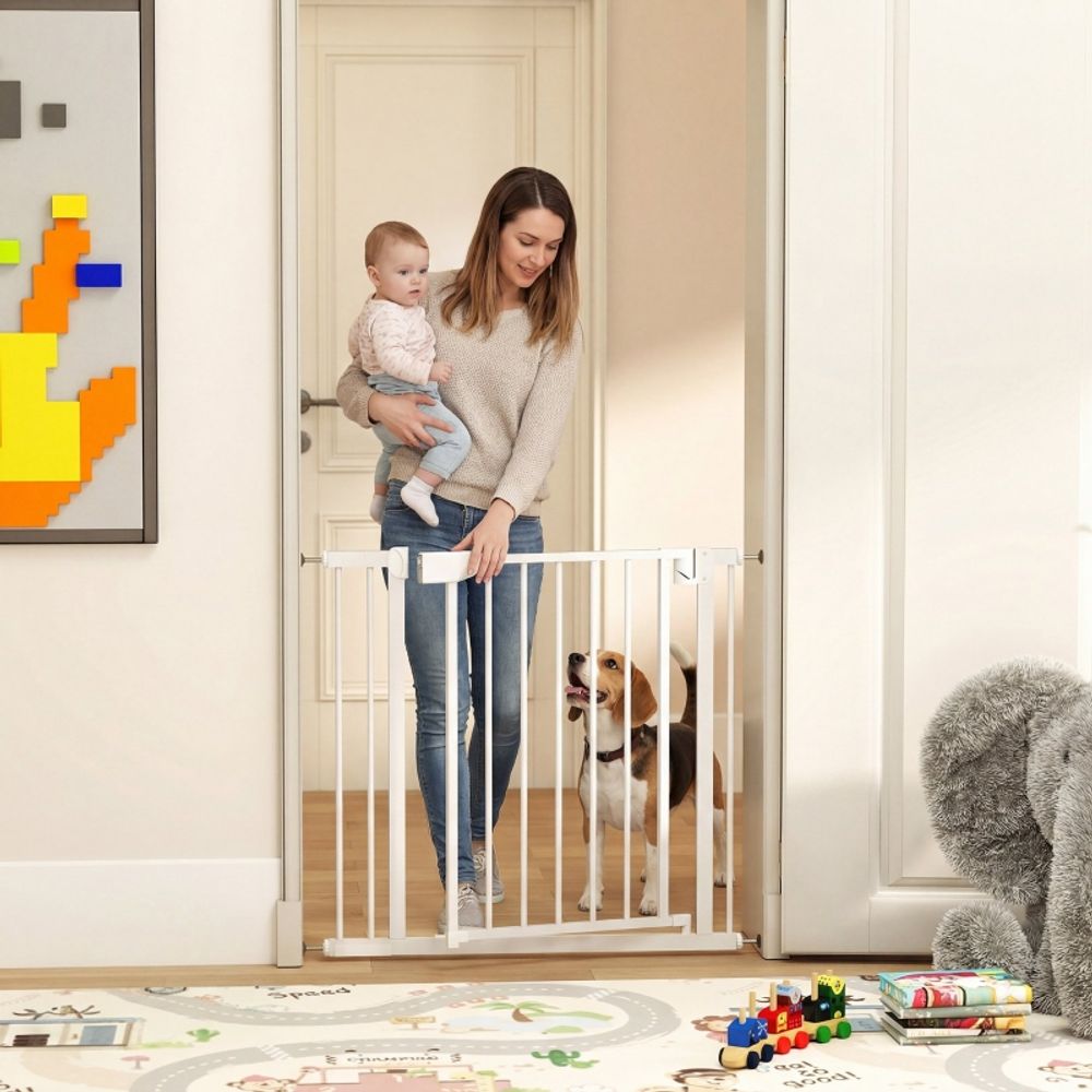Barrière de sécurité acier carbone bébés et chiens sans perçage 82-89x76cm blanc