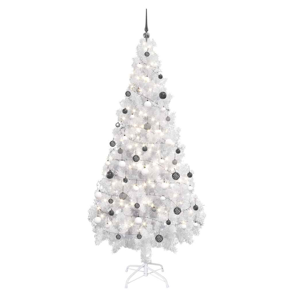 Arbre de noël artificiel pré-éclairé et boules blanc 180 cm pvc