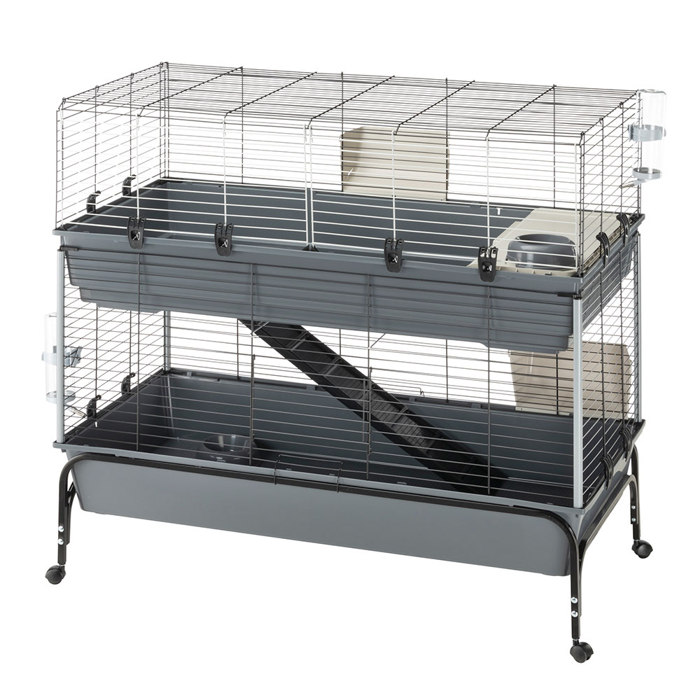 Cage deux étages pour lapins rabbit 120 double, face avant ouvrable, support et accessoires inclus