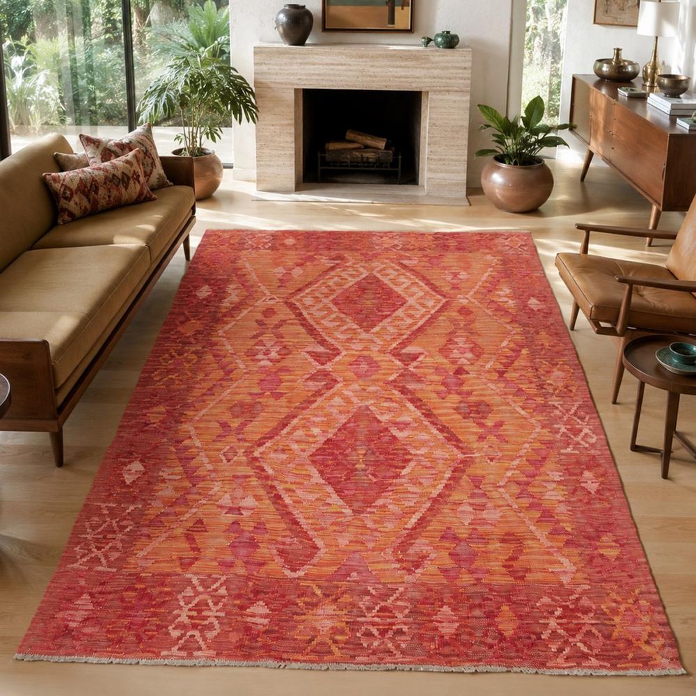Tapis kilim 128 x 185 cm, orange, rose et rouge, laine naturelle, kilim 97