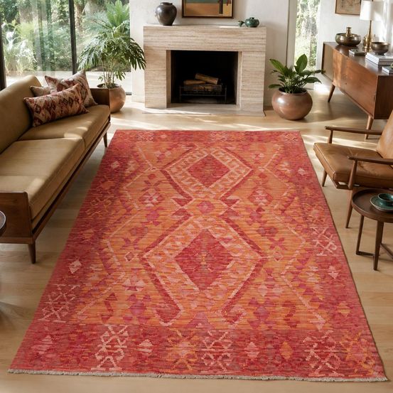 Tapis kilim 128 x 185 cm, orange, rose et rouge, laine naturelle, kilim 97