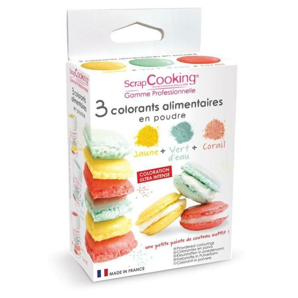 3 colorants alimentaires vert d'eau, corail, jaune