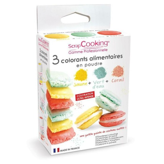 3 colorants alimentaires vert d'eau, corail, jaune