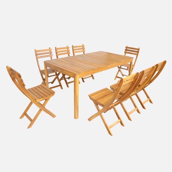 Table de jardin acacia avec coins arrondis, 8 chaises, 160 x 90 x 75 cm