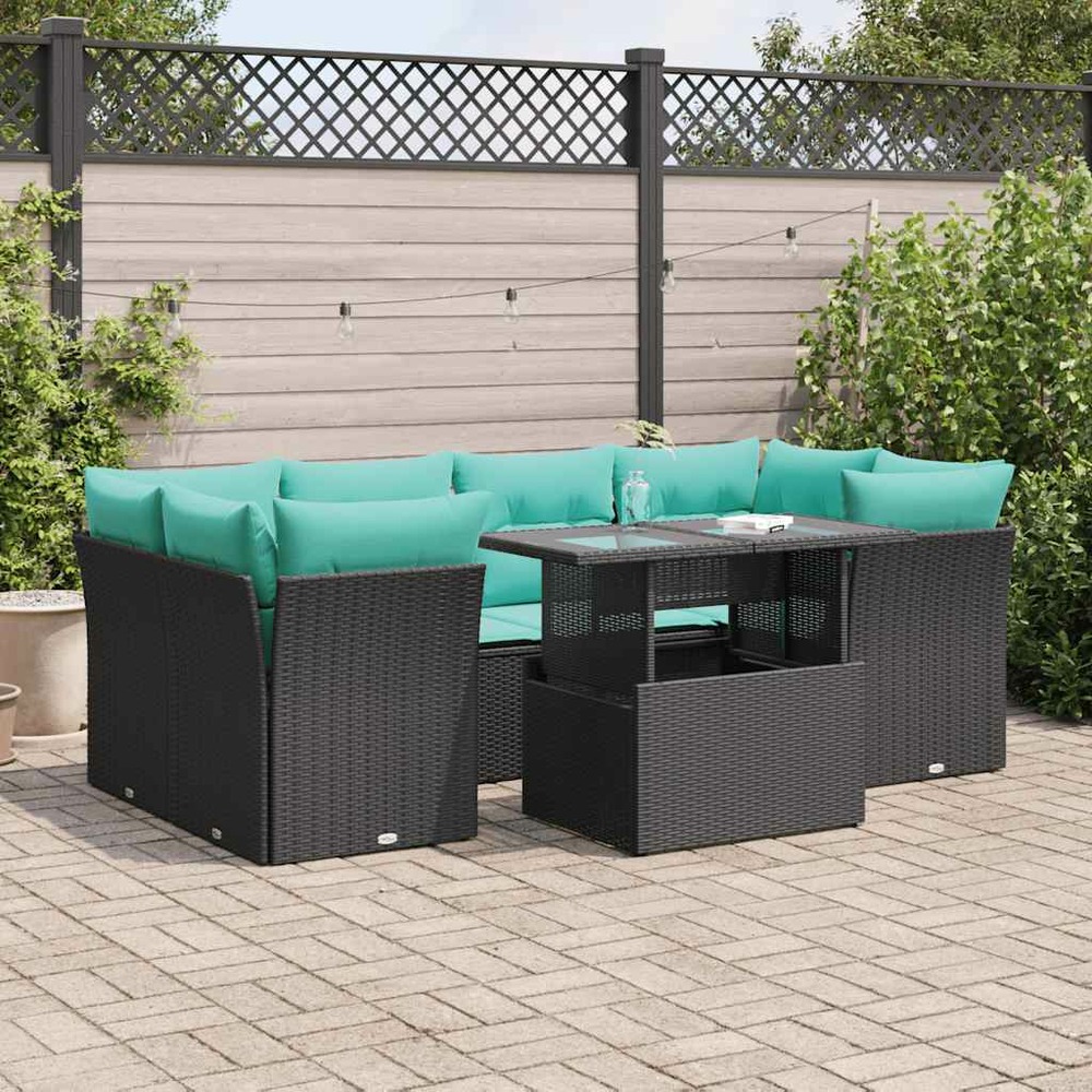 Salon de jardin avec coussins 7 pcs noir résine tressée acacia