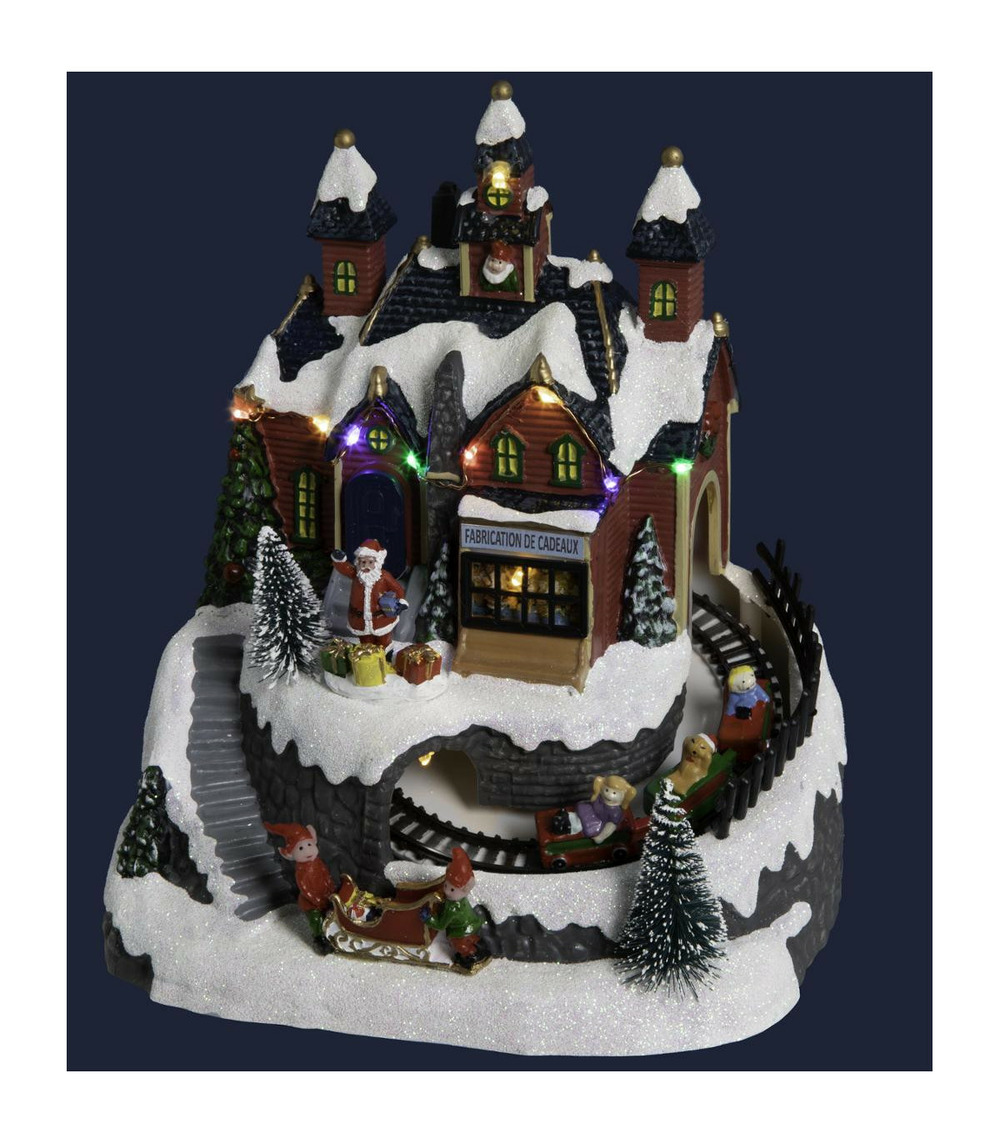 Village de noël lumineux, animé et musical maison du père noël avec train