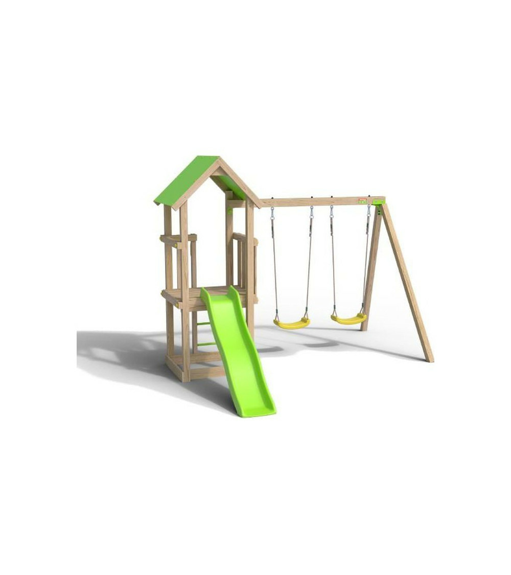 Aire de jeux easy xperience, plateforme 0,90m, bac a sable, toboggan 1,73m + extension portique 1,90m,2 balançoires