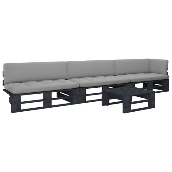 Salon de jardin palette 4pcs avec coussins pin imprégné de noir