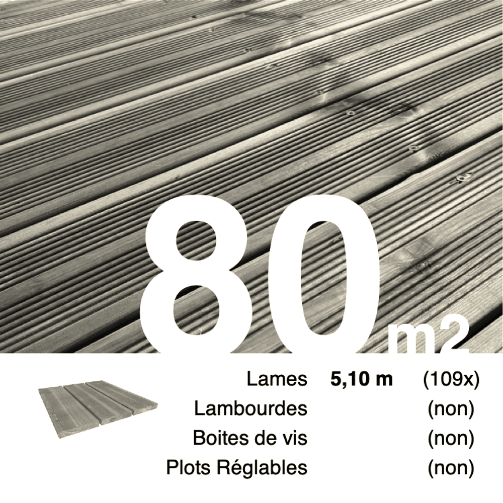 Planches de terrasse pin autoclave gris pour 80 m², longueur 5,1 m.
