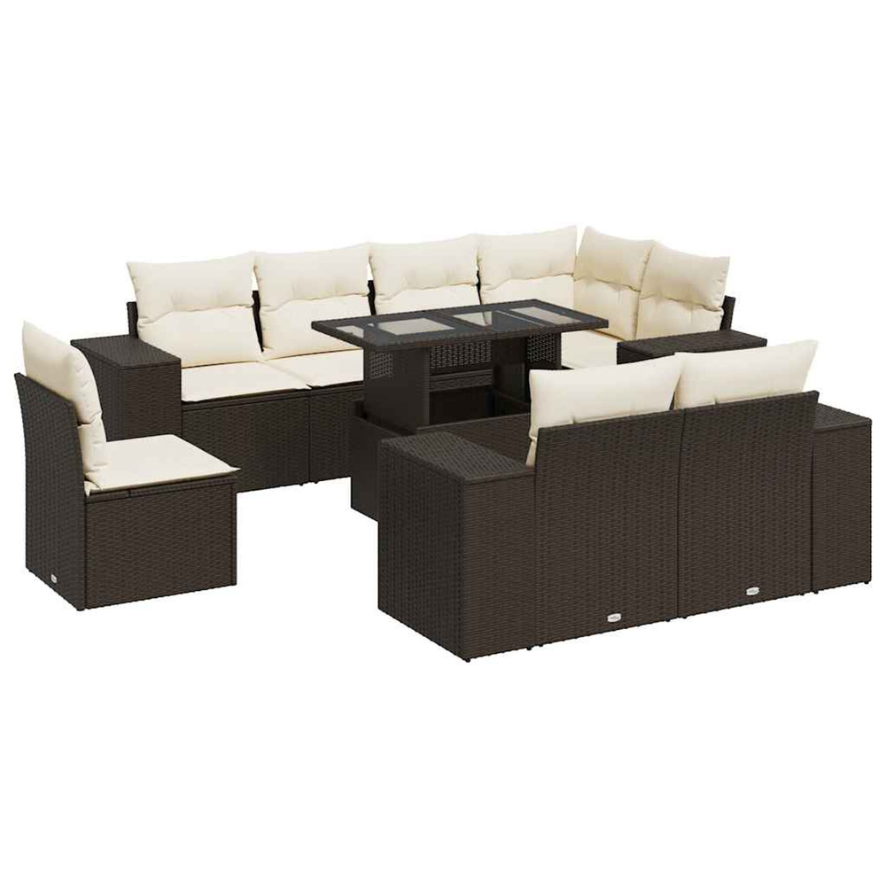 Salon de jardin avec coussins 9 pcs marron résine tressée
