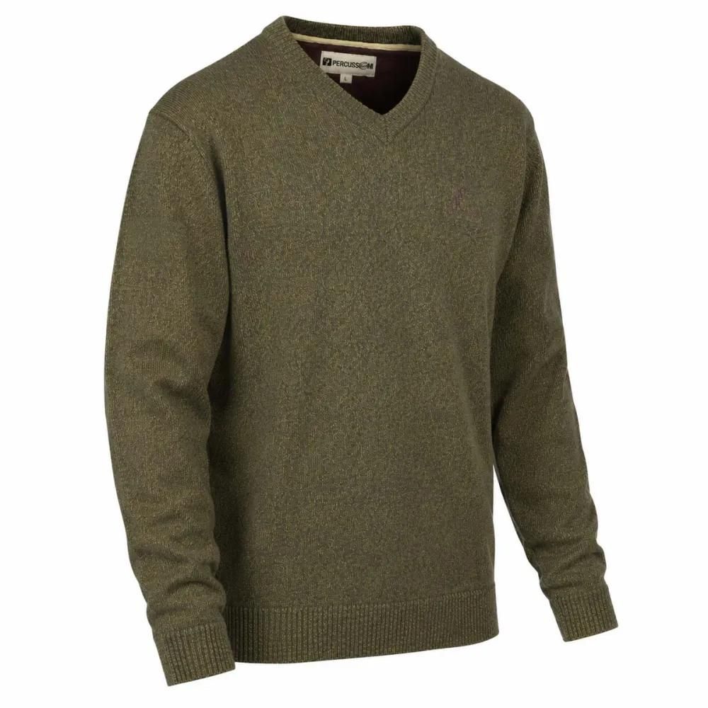 Pull col v kaki 70% acrylique 30% laine - maille douce mixte