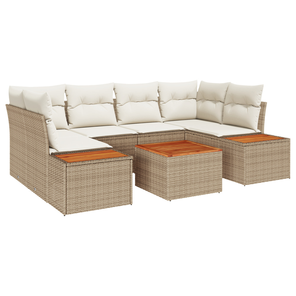 Ensemble de canapé de jardin 7 pièces avec coussins beige poly rattan acacia