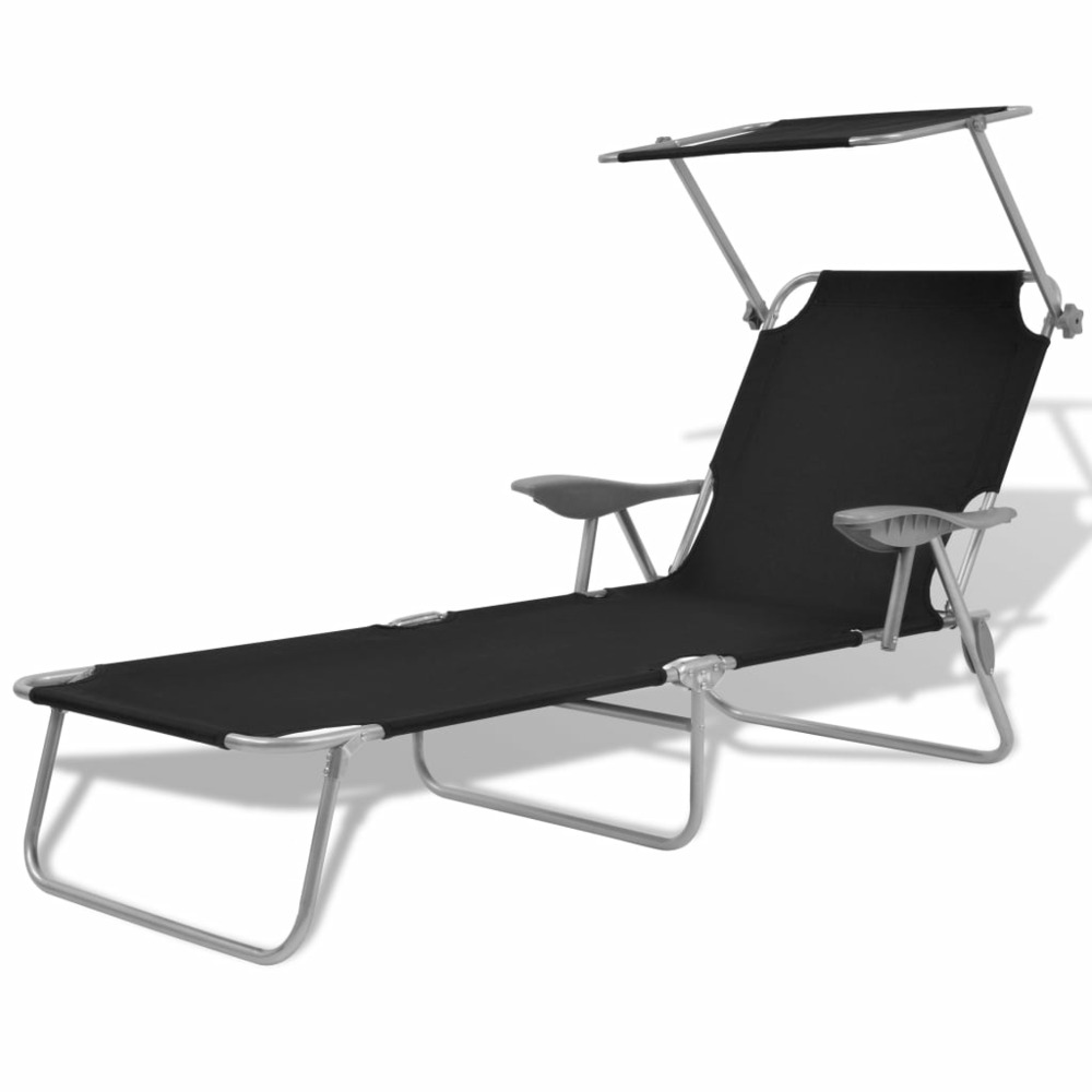 Transat chaise longue bain de soleil lit de jardin terrasse meuble d'extérieur 189 cm avec auvent acier noir