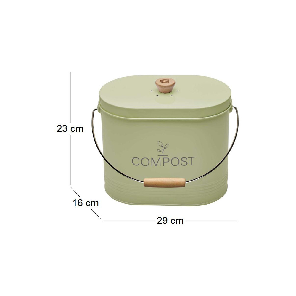 Composteur de cuisine ovale en métal avec filtre vert pastel - 7 litres