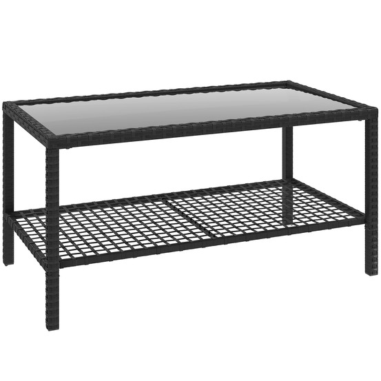 Table basse en rotin extérieur à deux niveaux, rangement intégré, plateau verre trempé et acier, noire