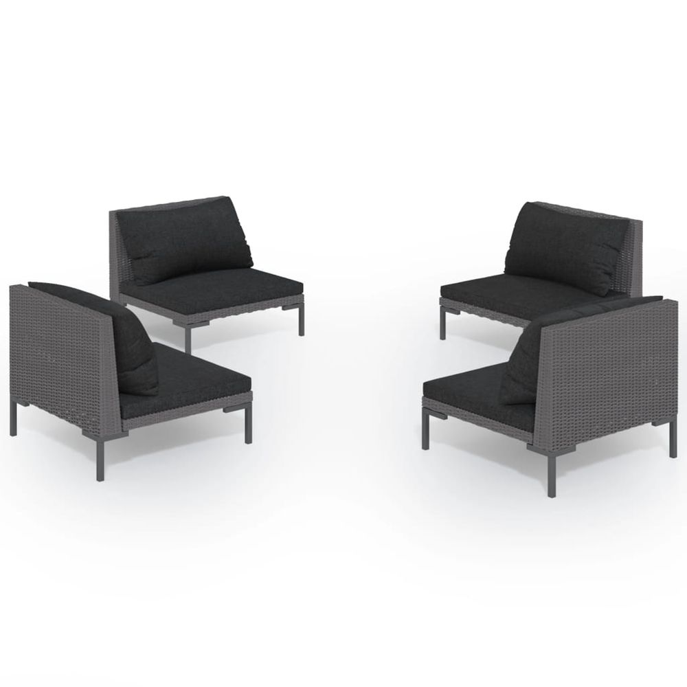 Salon de jardin 4 pcs avec coussins résine tressée gris foncé