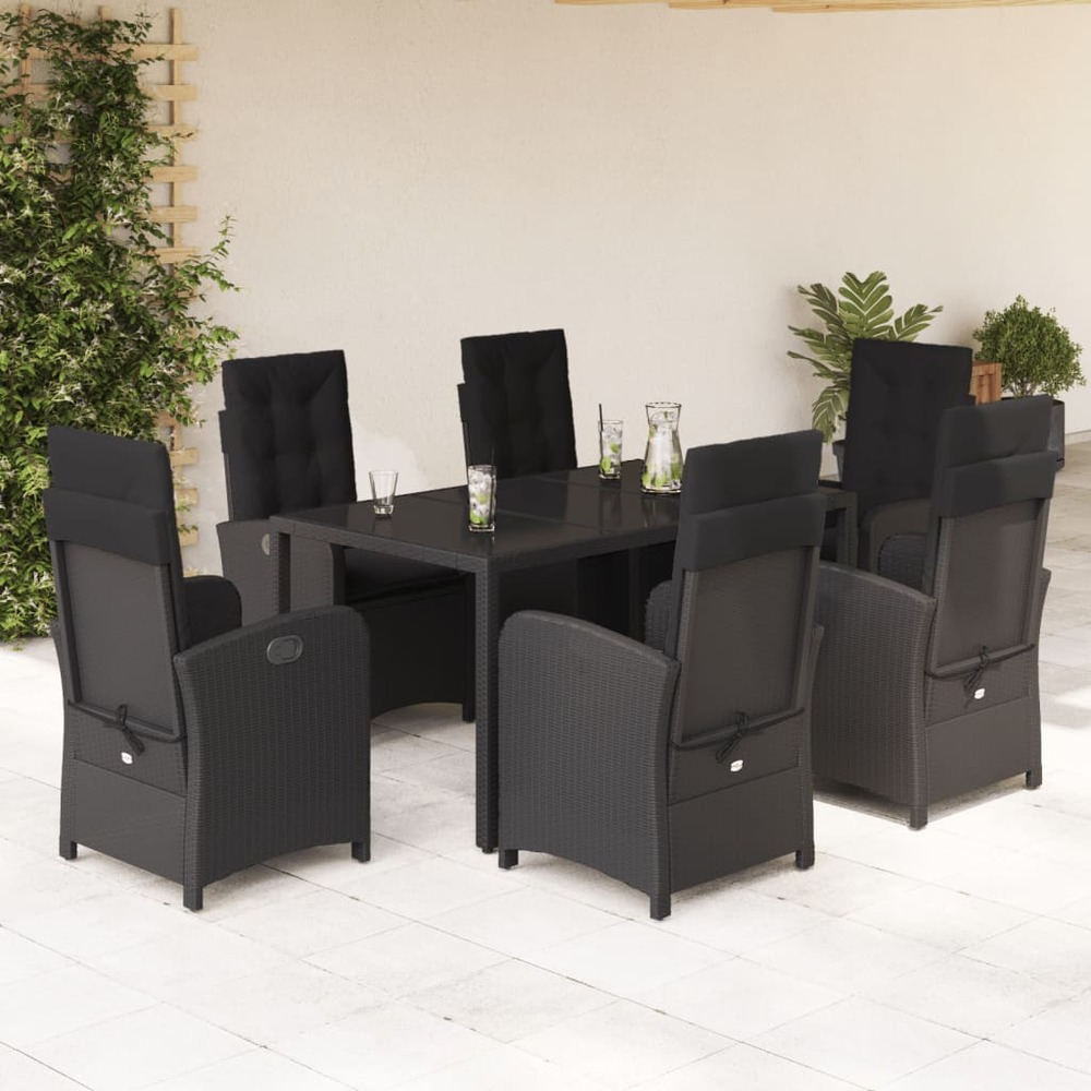 Ensemble à manger de jardin coussins 7pcs noir résine tressée