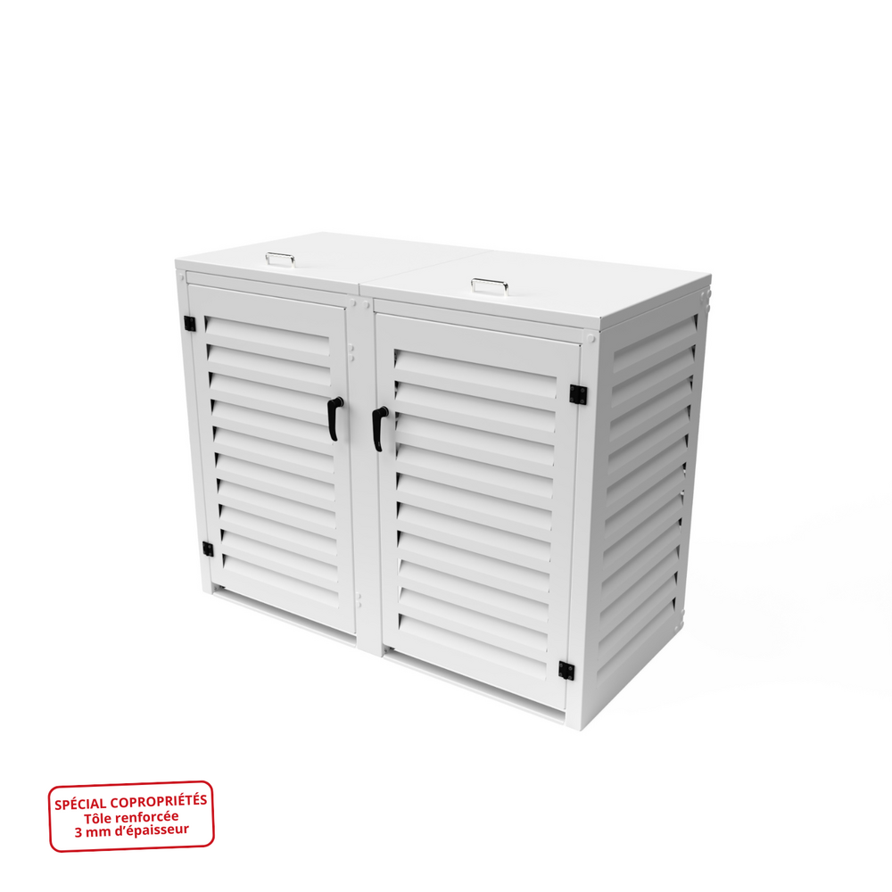 Cache poubelle double en aluminium thermolaqué spécial copropriété (3mm) - 2x360 litres - blanc